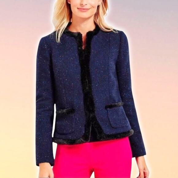 TALBOTS Wool Blend Faux Fur Trim Jacket Womens Size 4P Speckled Blue / Multi - Picture 1 of 8